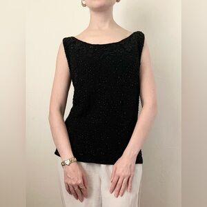 Hand Made Vintage 1960s Black Wool Beaded Sleeveless Blouse